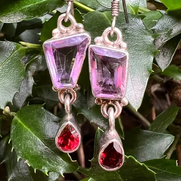 VINTAGE AMETHYST GARNET DROP DANGLE LONG EARRING925 STERLING SILVER UNIQUE CUT